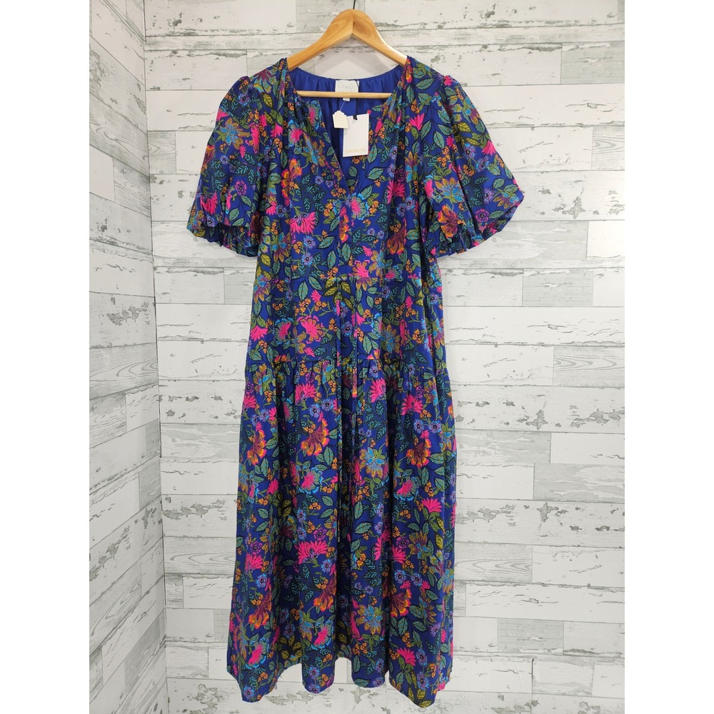 Sugarlips Blue Floral Tiered Midi Dress Puff Sleeve Pockets Medium